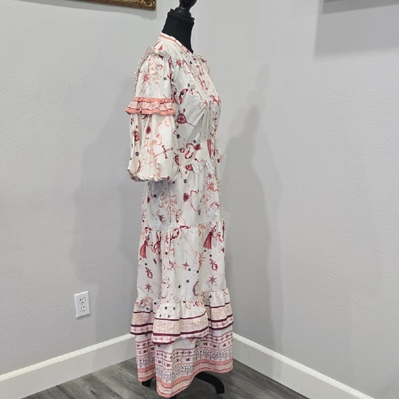 Marchesa Rosa Parker Midi Dress Button Down Puff Sleeve Cream Red Sz 8 - Picture 7 of 15